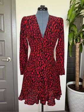 NWT The Kooples Red and Black Leopard Print V-Neck Women's Dress